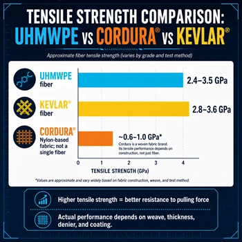 Dab tsi yog qhov sib piv tensile zog ntawm UHMWPE, Cordura, thiab Kevlar fibers?